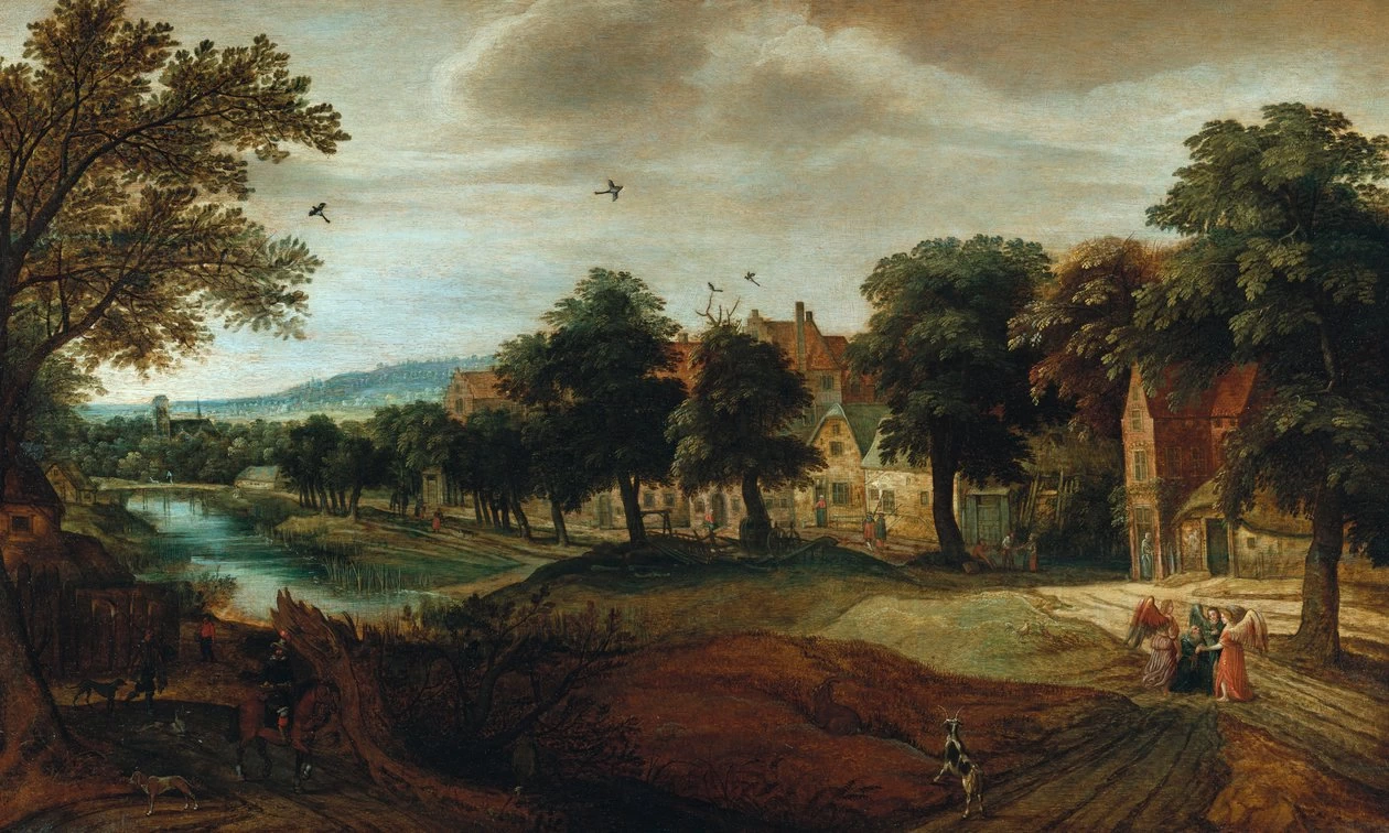 Paesaggio fluviale boscoso con edifici del villaggio e Abramo e i tre angeli